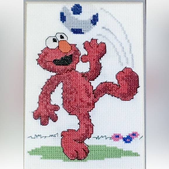 Elmo Finished Cross Stitch Framed Soccer Player Sesame Street Whimsical Vintage - Picture 2 of 4